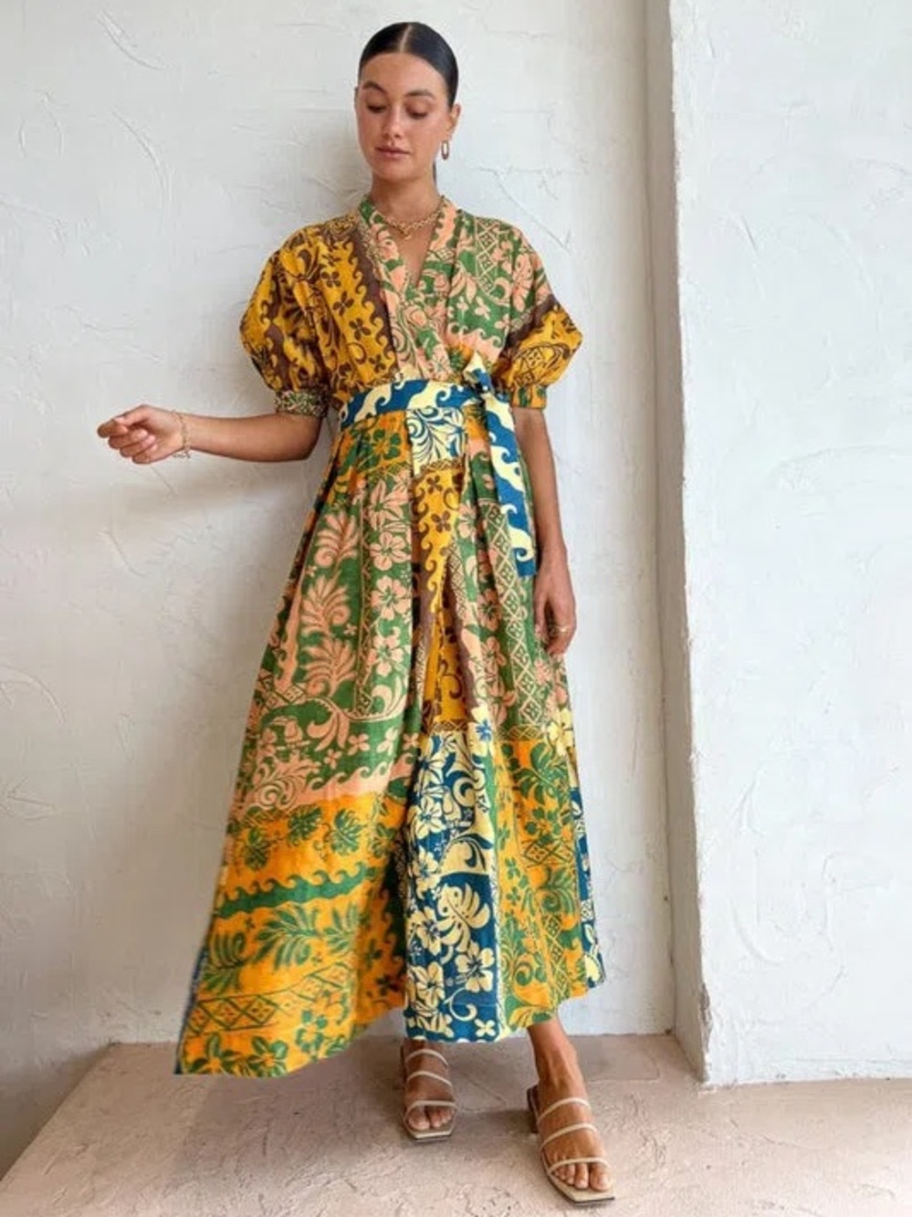 Alemais Archie multi colored pattern linen maxi wrap dress